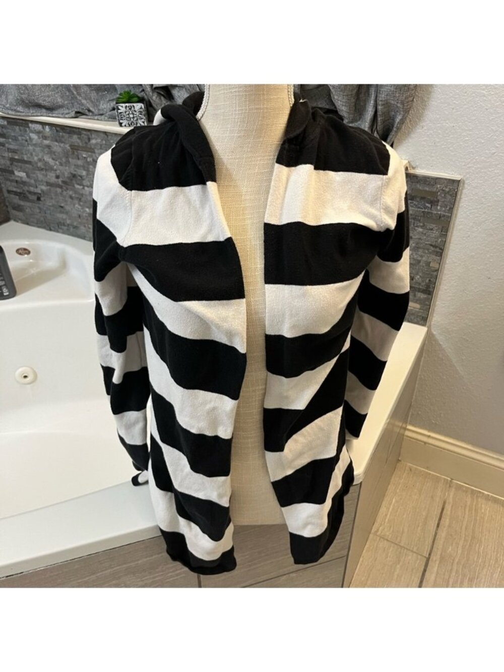 Sweet Romeo Black and White Striped Open-Front Cardigan Hoodie